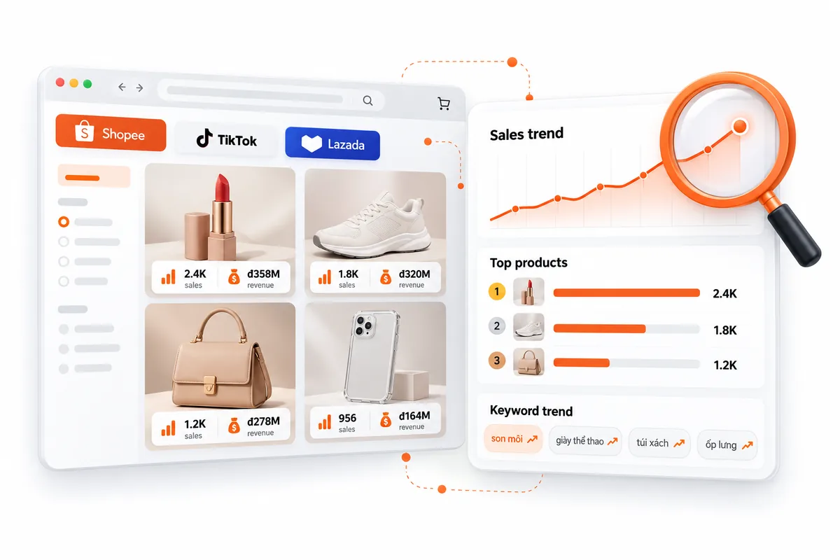 Bảng phân tích doanh thu, lượt bán và xu hướng từ khoá của shop đối thủ trên Shopee